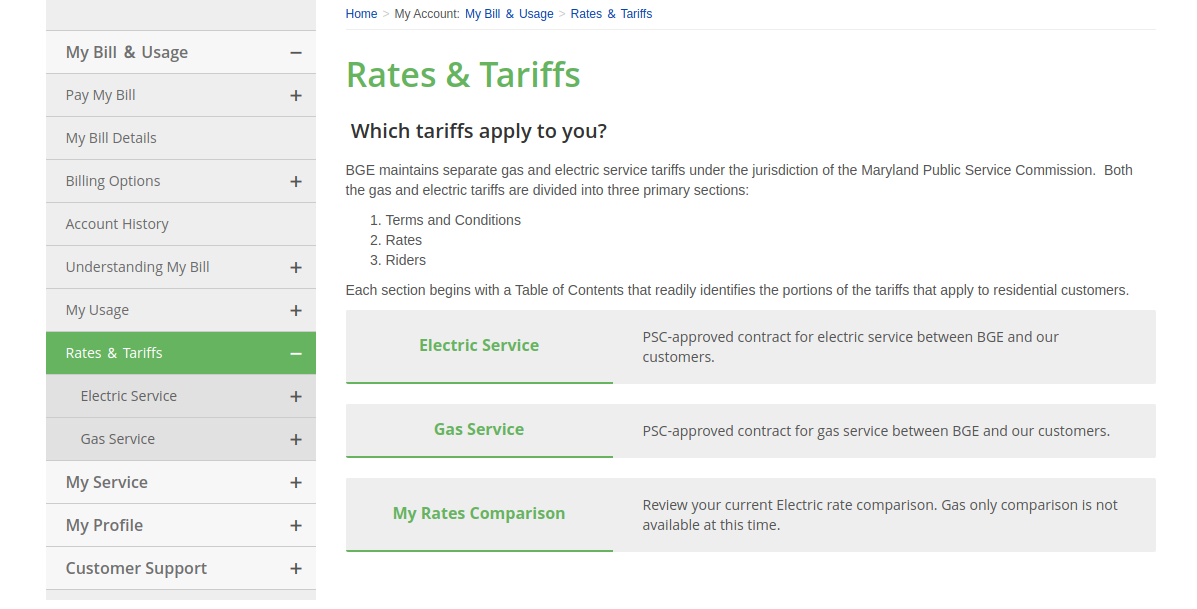 Baltimore Gas and Electric Rates Tariffs