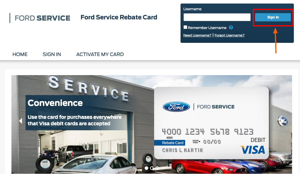 ford service rebate card login