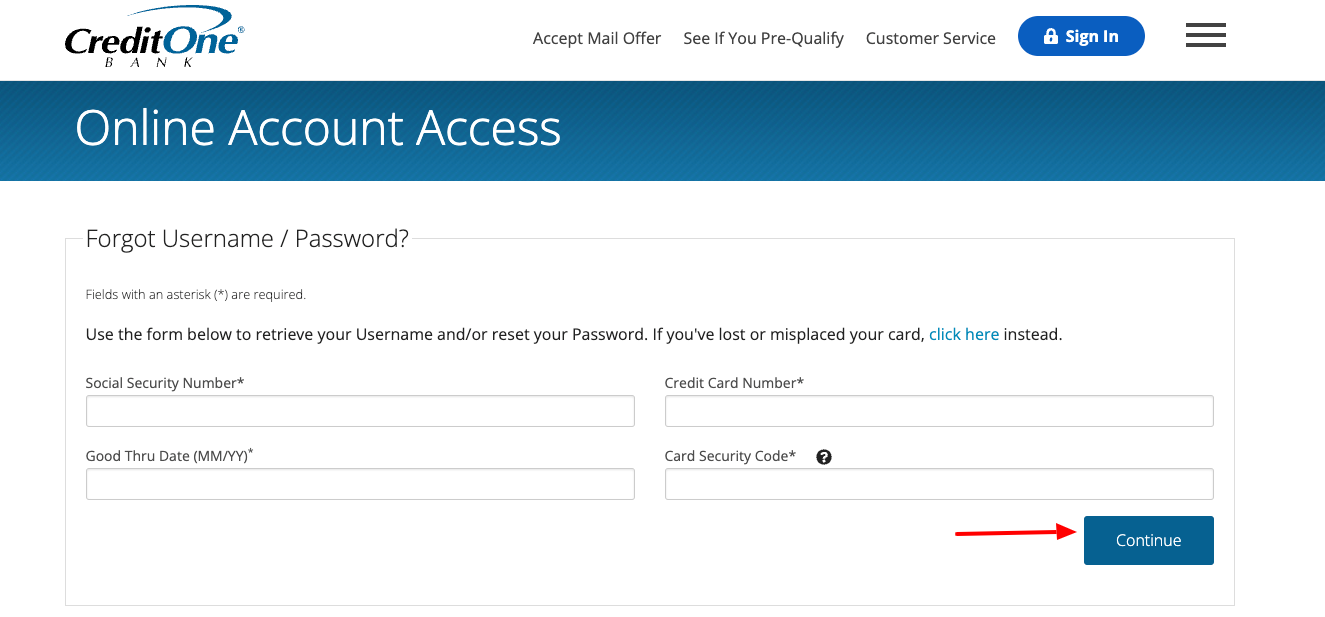 credit one card forgot passwrod page