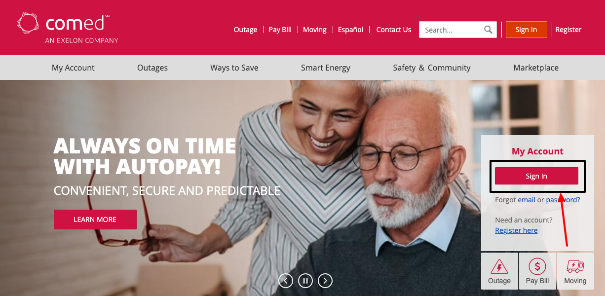 ComEd Bill Sign In page