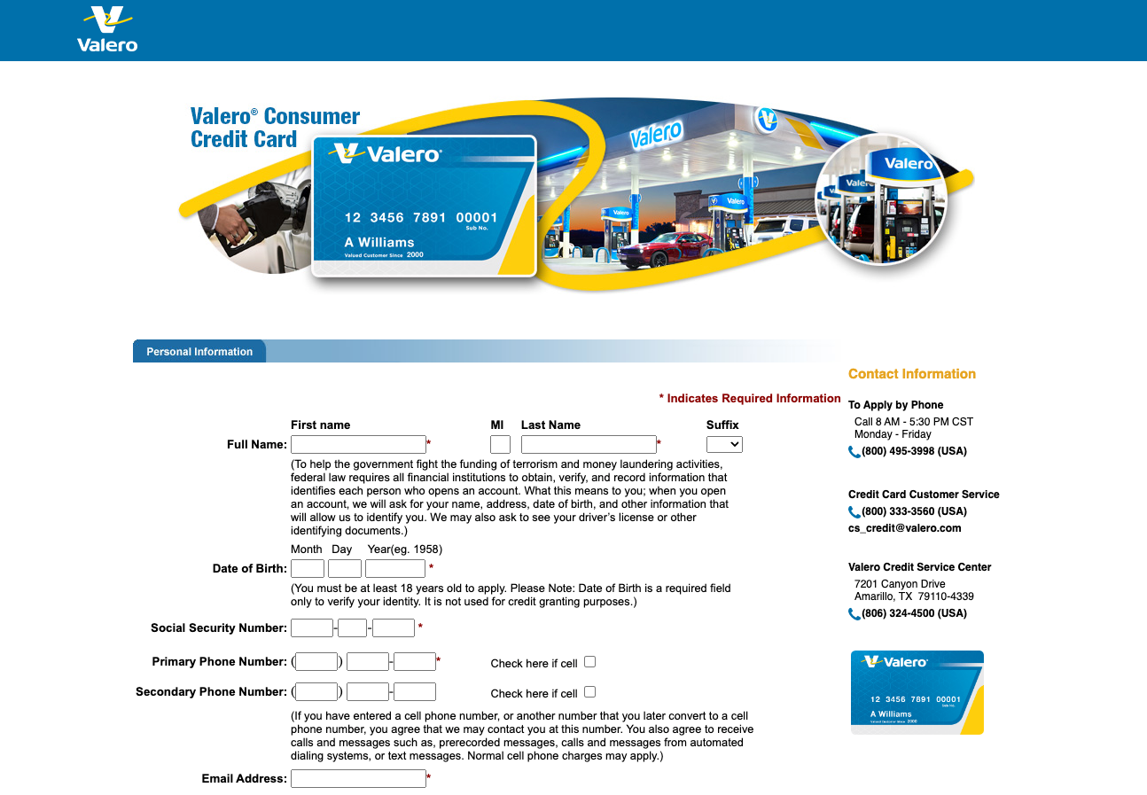 valero credit card apply page
